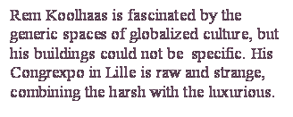 Casella di testo: Rem Koolhaas is fascinated by the generic spaces of globalized culture, but his buildings could not be  specific. His Congrexpo in Lille is raw and strange, combining the harsh with the luxurious.

