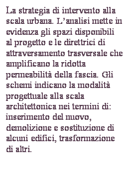 Casella di testo: La strategia di intervento alla scala urbana. L’analisi mette in evidenza gli spazi disponibili al progetto e le direttrici di attraversamento trasversale che amplificano la ridotta permeabilità della fascia. Gli schemi indicano la modalità progettuale alla scala architettonica nei termini di: inserimento del nuovo, demolizione e sostituzione di alcuni edifici, trasformazione di altri.

